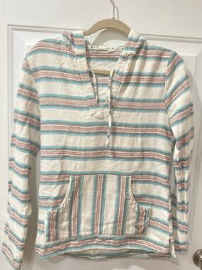 Roxy Striped Hooded Pullover in Cream, Teal & Rust